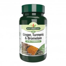 Close-up image of ginger root, turmeric powder, and pineapple slices surrounding a bottle of Ginger, Turmeric & Bromelain supplement.