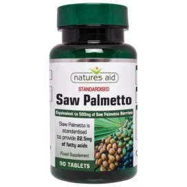 Man looking energetic and confident, holding a bottle of Natures Aid Saw Palmetto Complex supplement.