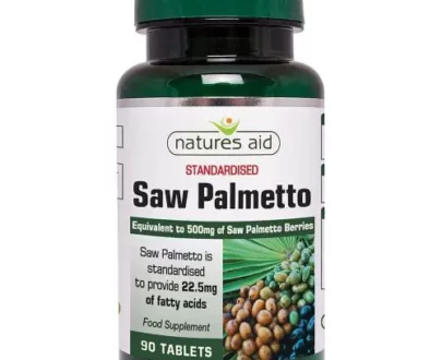 Man looking energetic and confident, holding a bottle of Natures Aid Saw Palmetto Complex supplement.