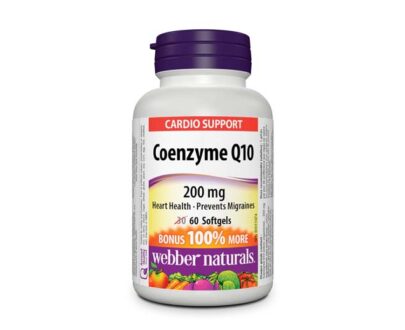 Coenzyme Q10 200 mg from Webber Naturals is an antioxidant nutrient that supports heart health and helps reduce the frequency of migraine headaches. CoQ10 is produced in the body, but natural CoQ10 synthesis declines with age and with certain health conditions. This one-a-day formula provides 200 mg of CoQ10 per softgel