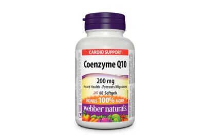 Coenzyme Q10 200 mg from Webber Naturals is an antioxidant nutrient that supports heart health and helps reduce the frequency of migraine headaches. CoQ10 is produced in the body, but natural CoQ10 synthesis declines with age and with certain health conditions. This one-a-day formula provides 200 mg of CoQ10 per softgel